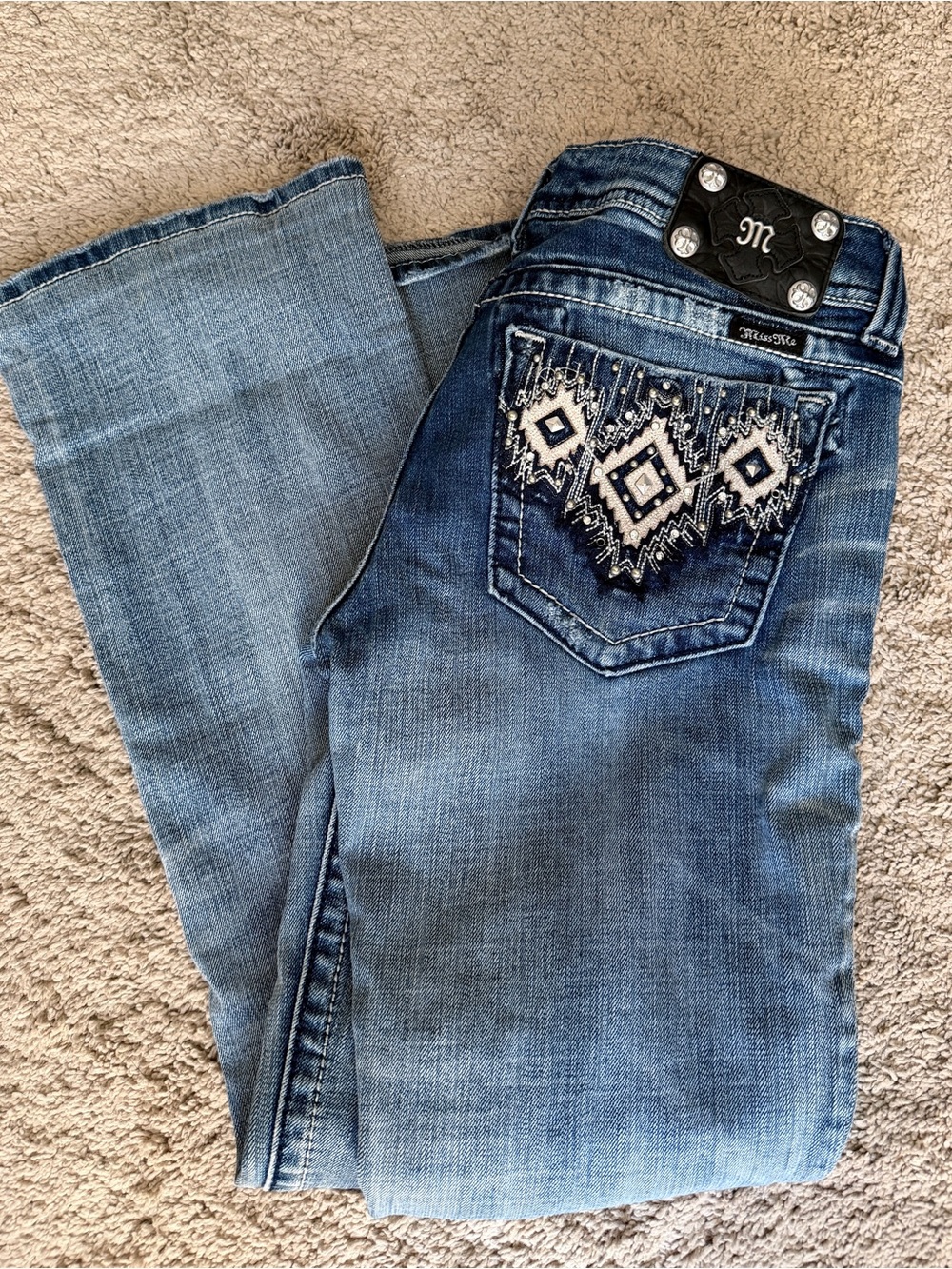 Miss Me Womens Bootcut Jeans 29 Low Rise Aztec Y2k Blue distressed western Boot